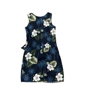 Pacific Legend Faux Wrap Blue White Hibiscus Palm Dress Womens Medium